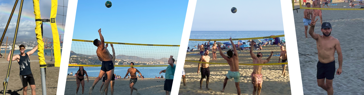 4 pictures of volleyball activities in Málaga city in Huelin beach. You can see a rainbow and a volleyball player, then you see a man smashing the ball and jumping in the air. Then you see both volleyball teams jumping to get the ball. The last picture is of a young man saying hi with a smile to the camera.